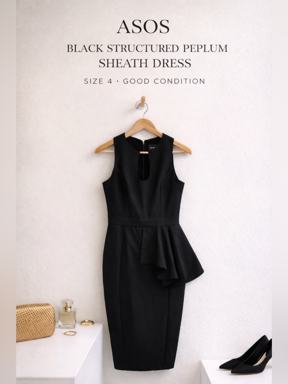 ASOS Black Structured Peplum Sheath Dress Size 4